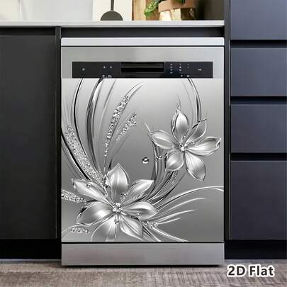 1 יחידות מדבקה שטוחה דו-ממדית עם דוגמת פרחים בצבע כסף מטאלי לקישוט דלת מדיח כלים, עמידה במים, כתם וקל לניקוי. מדבקת קיר דביקה עצמית PVC, מתאימה לדלתות מדיח כלים ומקרר, לקישוט המטבח.