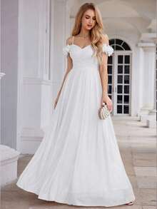 EVERPRETTY Elegant Romantic Floral Off-Shoulder Spaghetti Strap Wedding Dress For Weddings White Dresses Bride Spring Summer White Formal Dresses For Party - White - View 5