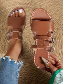 1 par de sandalias de mujer de unicolor, elegantes, casuales y sexys de cuero PU para exteriores, adecuadas para la playa, resort, casual, oficina, hogar, primavera/verano - Marrón - Ver 6