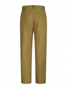 Men's Linen Pants Solid Color Pleated Mid Waist Straight Leg Casual Trousers With Pockets For Daily Office - màu xanh quân đội - Xem 3