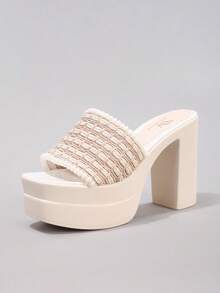 Fashion Thick Sole Waterproof Platform High Heel Open Toe Sandals, Suitable For Ball, Party, Runway, Chunky Heel Slide Sandals For Women - Beige - View 17