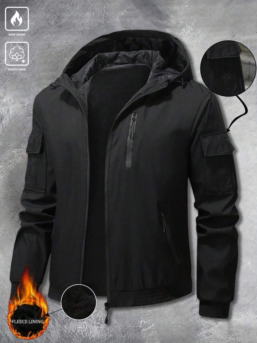 秋冬季保暖内衬户外休闲运动多口袋连帽夹克，男士款，轻便拉链保暖外套，适合徒步、钓鱼、跑步、休闲户外活动，是送给男友、丈夫、父亲的绝佳礼物，抓绒材质。 - 黑色 - 查看 1