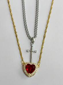 2pcs/Set Summer Western Minimalist Luxurious Elegant Sophisticated High-End Creative Knight & Princess Design Romantic Love Sword & Heart Ruby Pendant 18K Gold Necklace, Women Jewelry For Daily, Date, Evening, Engagement, Gift For Wife, Girlfriend, Christmas, Valentine's Day - Necklace - View 16
