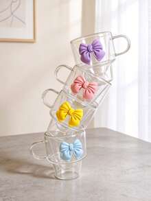 1个/4个装 180毫升双层玻璃杯，带把手，手工制作，厚玻璃，蝴蝶结装饰，可叠放，保温，适用于意式浓缩咖啡、卡布奇诺、茶和冷热饮品，独特的情人节和生日礼物 - 彩色 - 查看 5