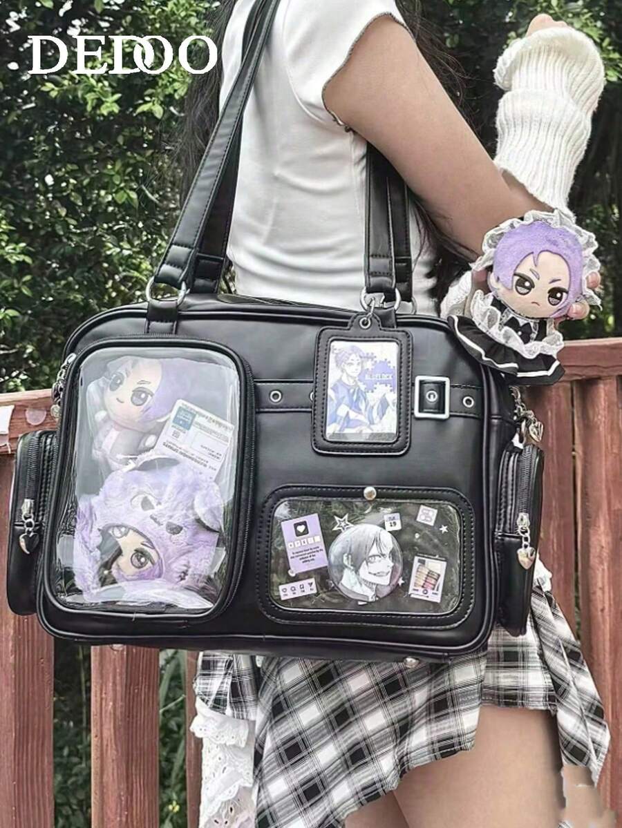 新款日系PU皮Y2K心形链条透明徽章包，休闲简约街头通勤多功能大容量单肩斜挎包，可收纳杂物、挂钥匙、存放明信片 - 黑色 - 查看 1