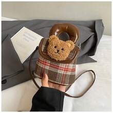 1pc Cute Panda Design Children's Crossbody Bag, Retro Plaid Stylish Handbag, Makeup Bag - Brown - View 4