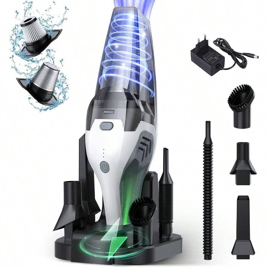 CYAspiradora de Mano 2 en 1 Base de Carga Rápida y Almacenamiento [Uso en Seco y Húmedo] 9000Pa Fuerte Succión Dura 30 Min Filtro HEPA Aspirador Inalámbrica para Auto Hogar Oficina Mascotas - blanquecino - Ver 1