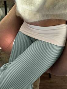 Sunny Girly Spring Women's Back To School Striped Straight-Leg Pants, With A White Ruffled Waist Design, Suitable For Valentine's Day Wear - Green - View 8