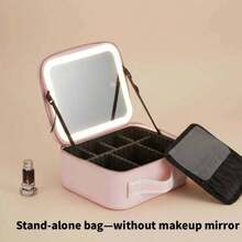 1pc 600mAh Black Travel Makeup Bag With Mirror, Large Capacity Cosmetic Storage Box, Portable Travel Makeup Bag With LED Light, Makeup Mirror, Lighting, LED Light, Night Light, Illumination, Travel Organizer Accessory, Makeup Case, Large Capacity Cosmetic Organizer Box, Makeup Box, Can Store Lipstick, Brushes, Skincare, Phone, Coins, Small Items, Suitable For Home, Gift, Vacation, Holidays (Halloween, Christmas), Bohemian Style