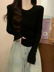 春秋季韩版优雅修身圆领褶皱长袖T恤打底衫 - 黑色 - 查看 2