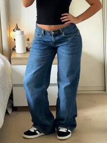 MYOURSA Quần jeans nữ ống rộng cạp thấp, kiểu dáng vintage bạc màu, phong cách đường phố Y2K, thường ngày, phù hợp cho mùa xuân. - Rửa tối - Xem 3