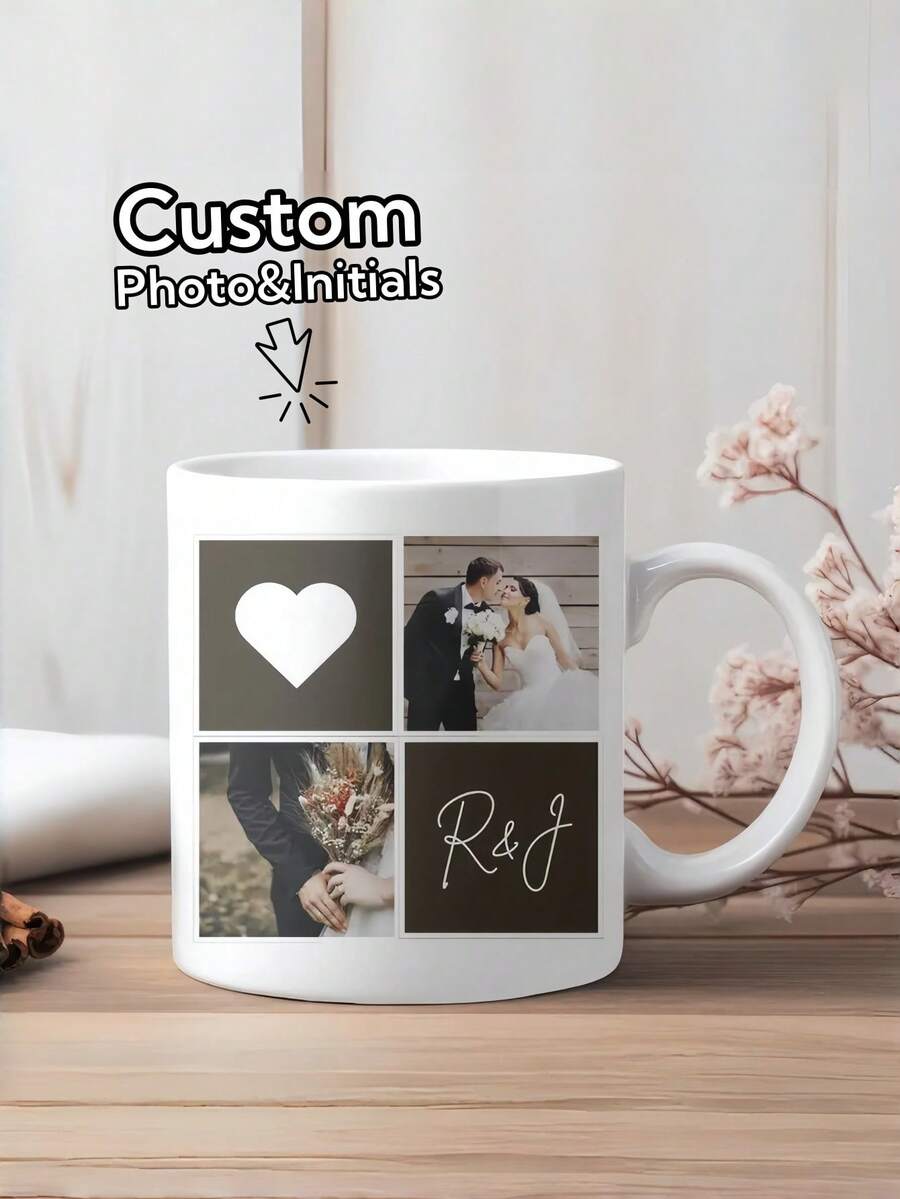 1pc Customized Mug, Personalized Wedding Photo & Letter Collage Mug, Creative Wedding Gift, Personalized Mug, Unique Gift, Couple Gift Idea, Elegant Wedding Souvenir Gift, Suitable For Valentine's Day, Wedding, Anniversary And Party Occasions - Multicolor 4 - View 1