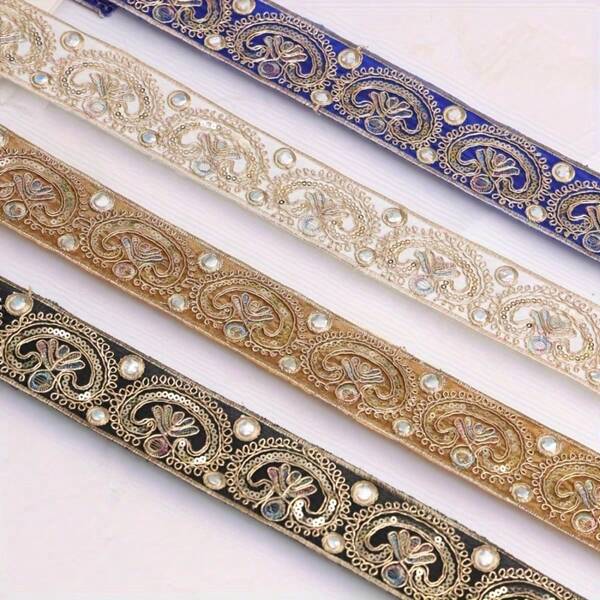 1/5码 5厘米宽 蕾丝，适用于缝制波西米亚风复古亮片刺绣蕾丝织带，手工装饰配件，可用于服装、DIY、工艺品、缝纫用品、初学者缝纫、家居装饰和斋月装饰。