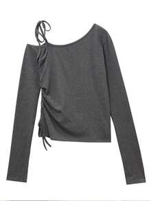 侧边系带开衩修身露肩褶皱抽绳不对称长袖T恤 - 灰色 - 查看 2