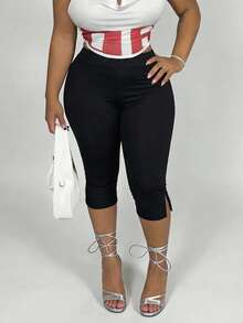 Solid Color Lightweight 7/8 Leggings With Side Slit Hem, Suitable For Casual Outings And Dates In Summer And Spring Black - Black - View 5