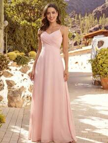 Elegant Pink Chiffon Ruffle Backless Spaghetti Strap Bridesmaid Wedding Guest Dress, Suitable For Wedding Parties, Semi-Formal Occasions And New Year Wear - Baby Pink - View 9
