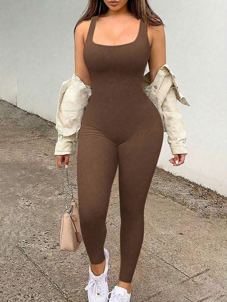 Ribbed Fabric Jumpsuit Jumpsuit, Slim Fit, Can Be Worn As Base Layer Or Outerwear - Brown - View 1