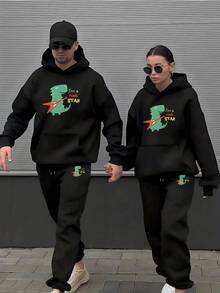 una pieza Conjunto de Sudadera con Capucha y Pantalones para Parejas Estilo Casual Ropa Deportiva Dinosaurio Rock Star Diseño Juvenil Moda Relajada Outfit Coordinado para Hombre y Mujer Tallas S-XL - Extrañar - Ver 1