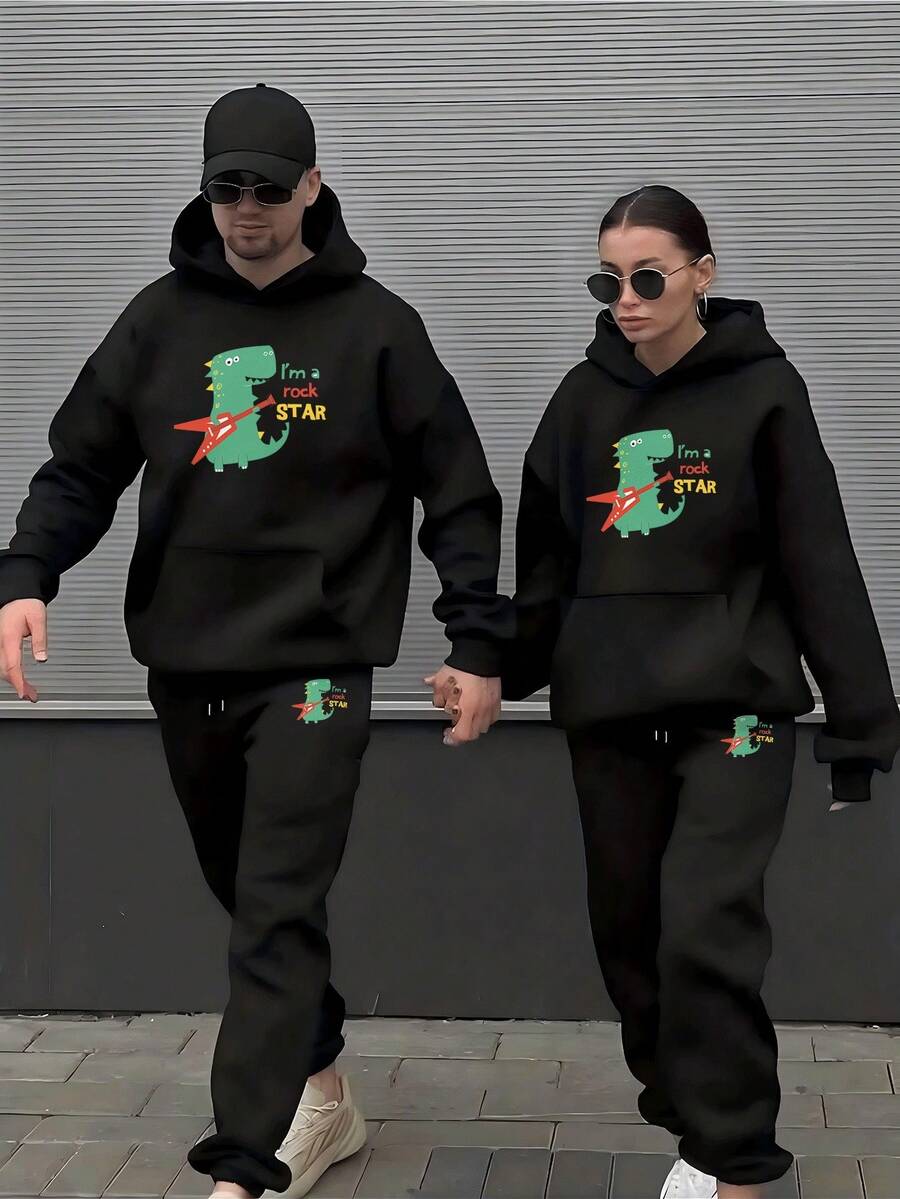 una pieza Conjunto de Sudadera con Capucha y Pantalones para Parejas Estilo Casual Ropa Deportiva Dinosaurio Rock Star Diseño Juvenil Moda Relajada Outfit Coordinado para Hombre y Mujer Tallas S-XL - Extrañar - Ver 1