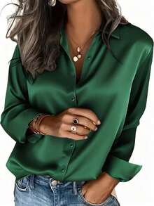 Plus Size Fashion Long Sleeve Shirt With Button Details, Regular Length, Spring/Summer - Green - View 2
