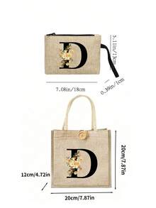 A-Z字母印花亚麻手提袋套装，个性化礼品，附赠小收纳袋，花卉图案，母亲节礼物，黄色亚麻手提袋配黑色肩带，大小号手提袋组合，送给女性、母亲、老师、朋友、伴娘的完美礼物，适合海滩、旅行等场合。 - 彩色 - 查看 9