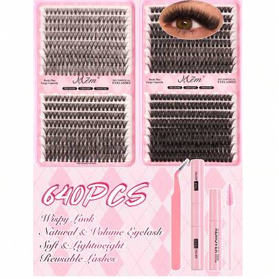 640pcs D-Curl Fluffy False Eyelashes Set, Includes Eyelash Glue, Tweezer, Mascara Brush, Magnifying Lashes, Lightweight & Reusable, Large Capacity Individual Lashes, Soft & Natural Mixed Lashes For 3D Voluminous Eye Makeup