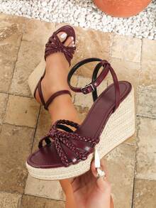 Women's Fashion Burgundy Wedge Thick Bottom Sandals, New Spring/Summer Round Toe Straw Bottom Open Back Sandals, Outdoor Comfortable Plus Size Women Shoes, Holiday Casual Resort Bohemian Buckle Woven High Heel Comfortable Beach Sandals - Burgundy - View 1