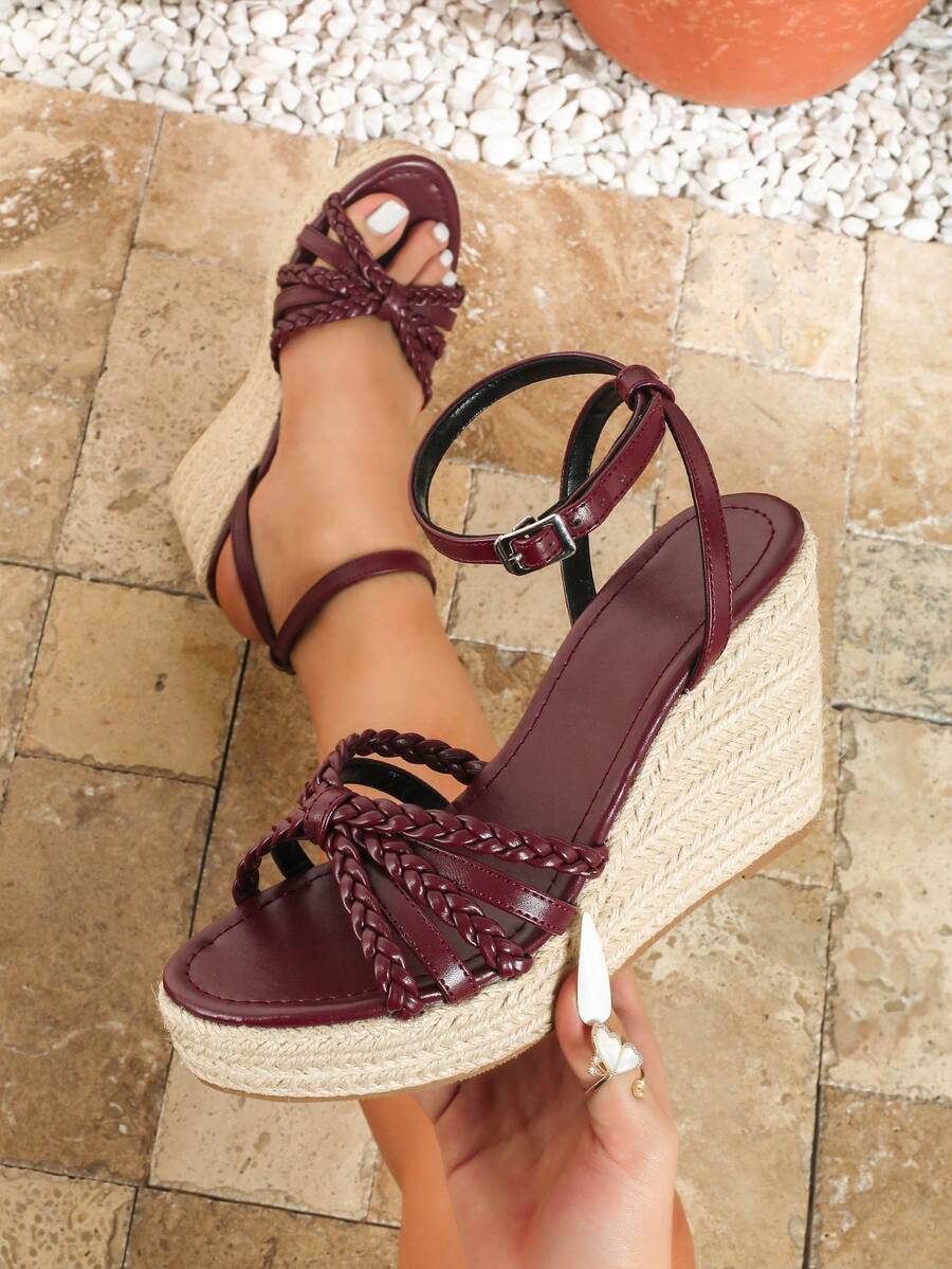 Women's Fashion Burgundy Wedge Thick Bottom Sandals, New Spring/Summer Round Toe Straw Bottom Open Back Sandals, Outdoor Comfortable Plus Size Women Shoes, Holiday Casual Resort Bohemian Buckle Woven High Heel Comfortable Beach Sandals - Burgundy - View 1