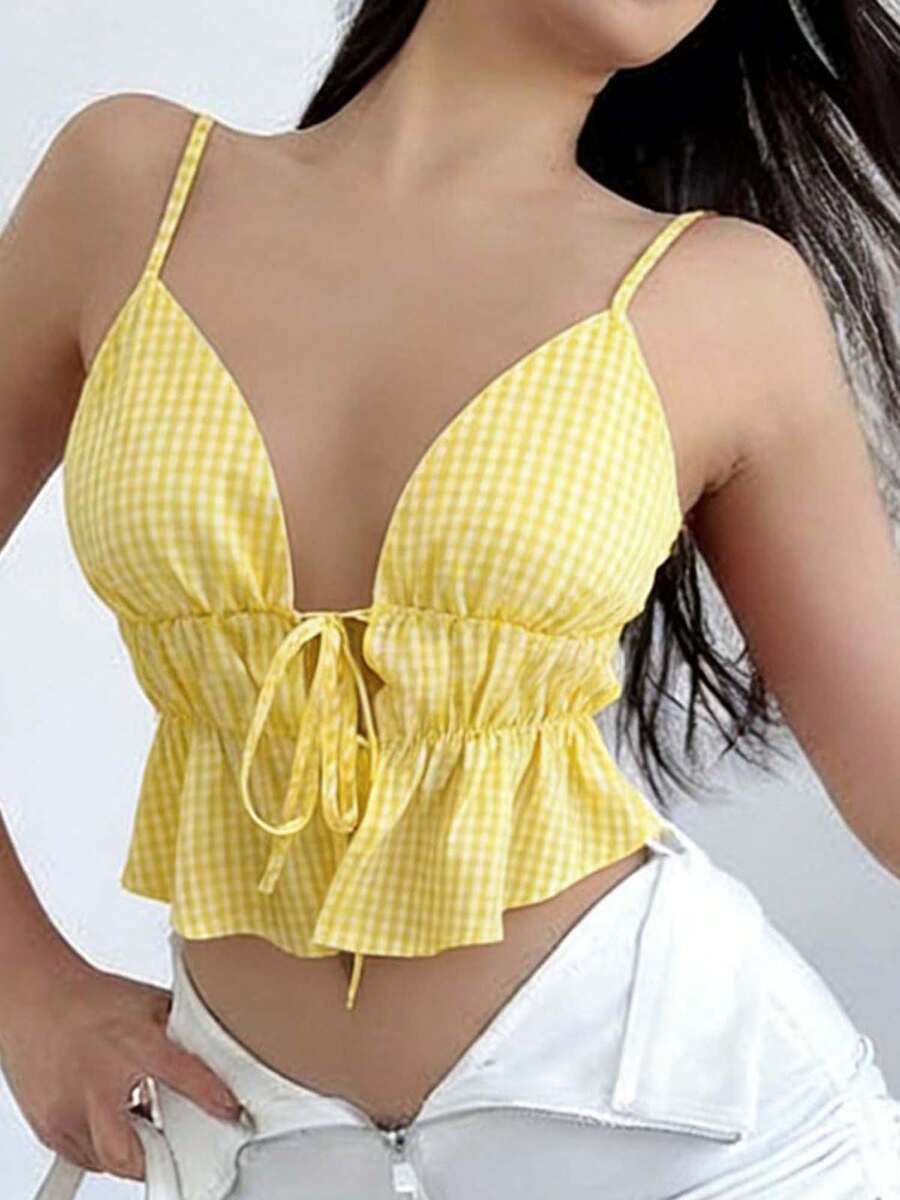 Women's Halter Neck Tops Sleeveless Open Back Plaid Print Slim Fit Ruffle Cami Tops Summer Shirts - Yellow - View 1