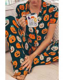 Orange Halloween Pattern Short Sleeve Shirt Pajama Set Women Sleepwear