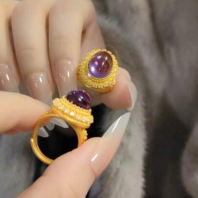 1pc Luxury Gold-Plated Purple Zirconia Ring, Elegant Wedding Band Jewelry For Women