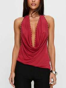 Womens Studded Halter Tank Tops Cowl Neck Draped Front Backless Slim Fit Vest Crop Tops Summer Sleeveless Open Back Camisole Shirts Party Club Going Out Tops - 紅色 - 查看 5