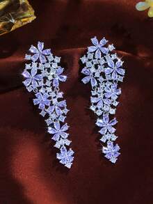 1 Pair Light Purple Cubic Zirconia Flower Cluster Long Chandelier Drop Earrings, CZ Dangle Silver Plated Wedding Elegant Jewelry For Women Brides Bridesmaids Engagement Banquet Pageant Party Prom To Bridal Girlfriends Fiancee Wife Gift - Mauve Purple - View 2