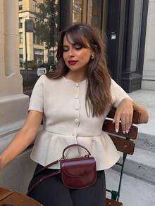 美丽之选 夏季女士优雅杏色短袖针织上衣，荷叶边下摆和手工纽扣，日常通勤修身开衫，优雅时尚休闲针织衫，女士夏季穿搭，派对上衣，假日装扮 - 杏色 - 查看 4