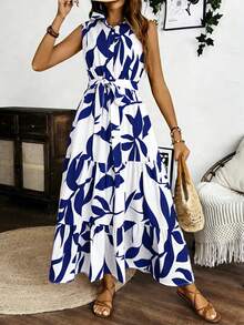Vestido Largo Sin Mangas Para Mujer Con Estampado En Todo El Cuerpo, Vestido Tank Elegant De Cuello V Con Cinturón - Azul - Ver 5