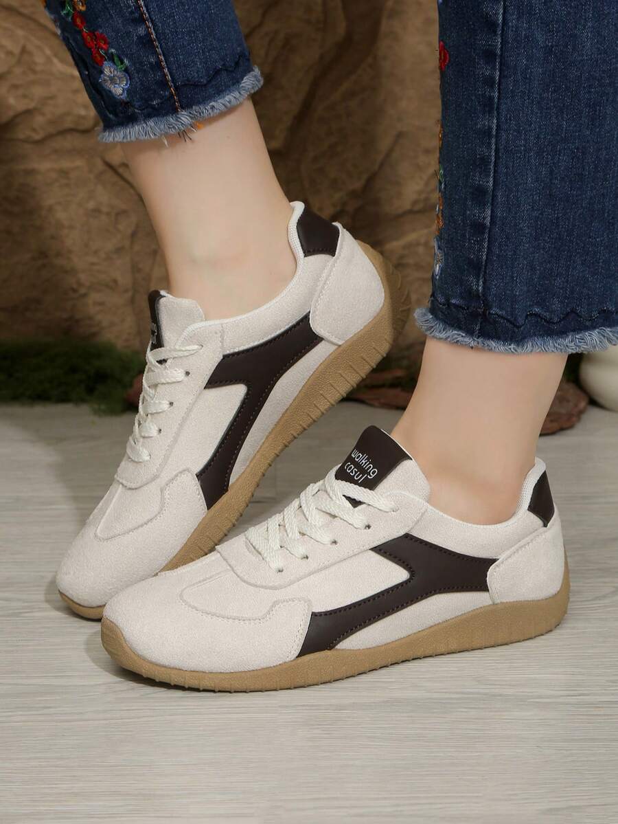 Women's Khaki Lace-Up Casual Sports Shoes, White Fashion Versatile Sneakers, Suitable For Casual, Sports, School, Travel, All Seasons - White - View 1