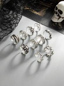 10pcs/Set Vintage Dark Style Open Rings, Dice/Feather Multi-Element Ring Set, Unisex, Suitable For Casual Wear With Hoodies/ Outfits - Silver - View 5