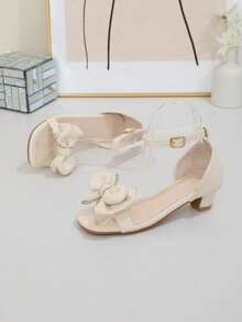 Girls' Summer High Heel Sandals, Versatile Beige, Buckle Closure, Double-Layer Rhinestone Trim Bow, Square Toe, Suitable For School Performance, Princess Party - Beige - View 2
