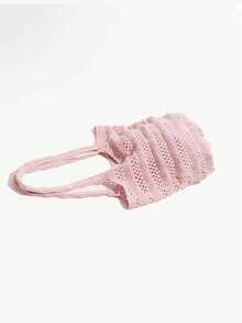 Korean/Japanese Niche Design Woven Beach Bag, Lace Hollow Out Casual Vacation Daily Commute Large Capacity Shoulder Tote Bag - Pink - View 4