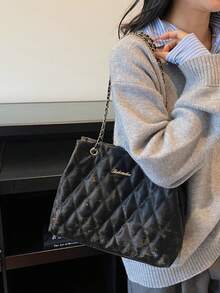 女士时尚纯色设计休闲单肩包，带链条，适合日常使用，秋季款