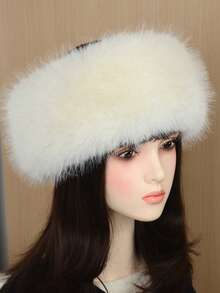 1pc Women's Faux Fur Headband, Solid Black Fluffy Earmuffs Headwrap, Hollow Top Winter Hat - 1Pc - View 2