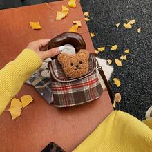 1pc Cute Panda Design Children's Crossbody Bag, Retro Plaid Stylish Handbag, Makeup Bag - Brown - View 10