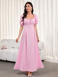 Elegant Long Dress For Women, Square Neckline, Lantern Short Sleeves, Pleats, Back Tie, Solid Color, Suitable For Autumn Wear.Summer Dress Elegant Dresses For Party - Pink - View 5