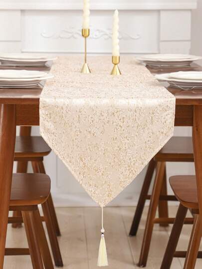1pc Gold Jacquard Decorative Table Runner, Abstract Pattern Tassel Decor For Dining Room, Living Room, Holiday