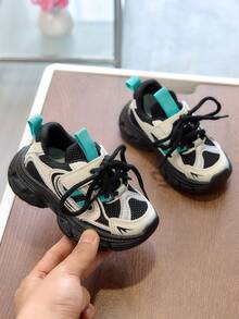 1 Pair Unisex Breathable Mesh Casual Sneakers, Soft Sole Non-Slip Infant Walking Shoes, Fashion Versatile Student Running Shoes, Lightweight Chunky Sneakers, Suitable For Spring And Autumn - Black - View 1