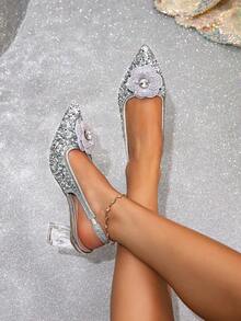 Women's Pointed Toe Backless High Heel Sandals With Sparkling Rhinestone Decor, Transparent Crystal Heel, Elastic Ankle Strap, Comfortable Padded Sole, Slip-On Design, Elegant Dance Shoes For Wedding, Party, Valentine's Day - Silver - View 3