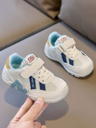 1 Pair Kids Spring/Autumn Mesh Breathable Fashion Sneakers, Non-Slip Soft Bottom Casual Shoes With Hook And Loop, Suitable For Indoor And Outdoor Wear