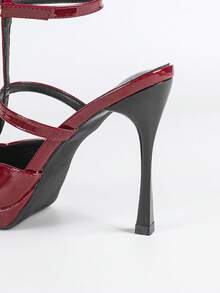 女士尖头厚底闭趾踝带金属扣高跟凉鞋，简约基础款，适合夏秋穿着 - 紅色 - 查看 9