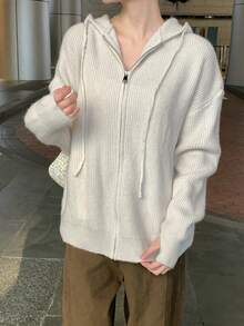 Soft, Slouchy Zip-Up Knit Cardigan, Loose Fit Hooded Sweater For Women, New Autumn Collection - Grayish Apricot - View 3