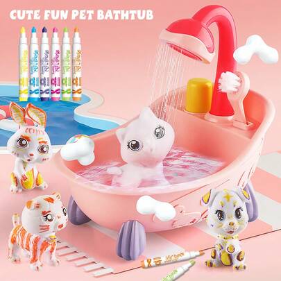Bathroom Cute Pet Graffiti Set, Includes Cartoon Animal Plush Toys, Bathtub, Shower Set And Multi-Color Brushes, Supports Washable And Reusable Coloring Fun, Ideal Role-Playing Decor Toys For Children, Great Birthday, Holiday And Party Gift